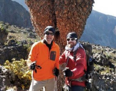 Trekkers with a Giant Groundsel on the trail