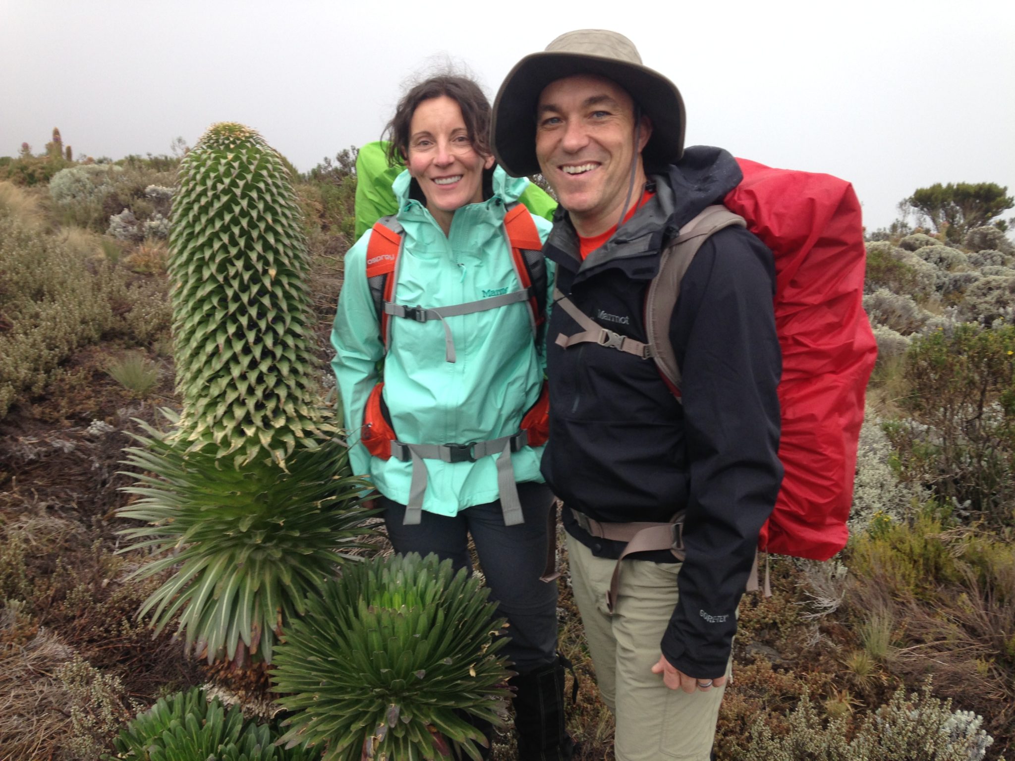 Trekkers pose near unique African wildlife