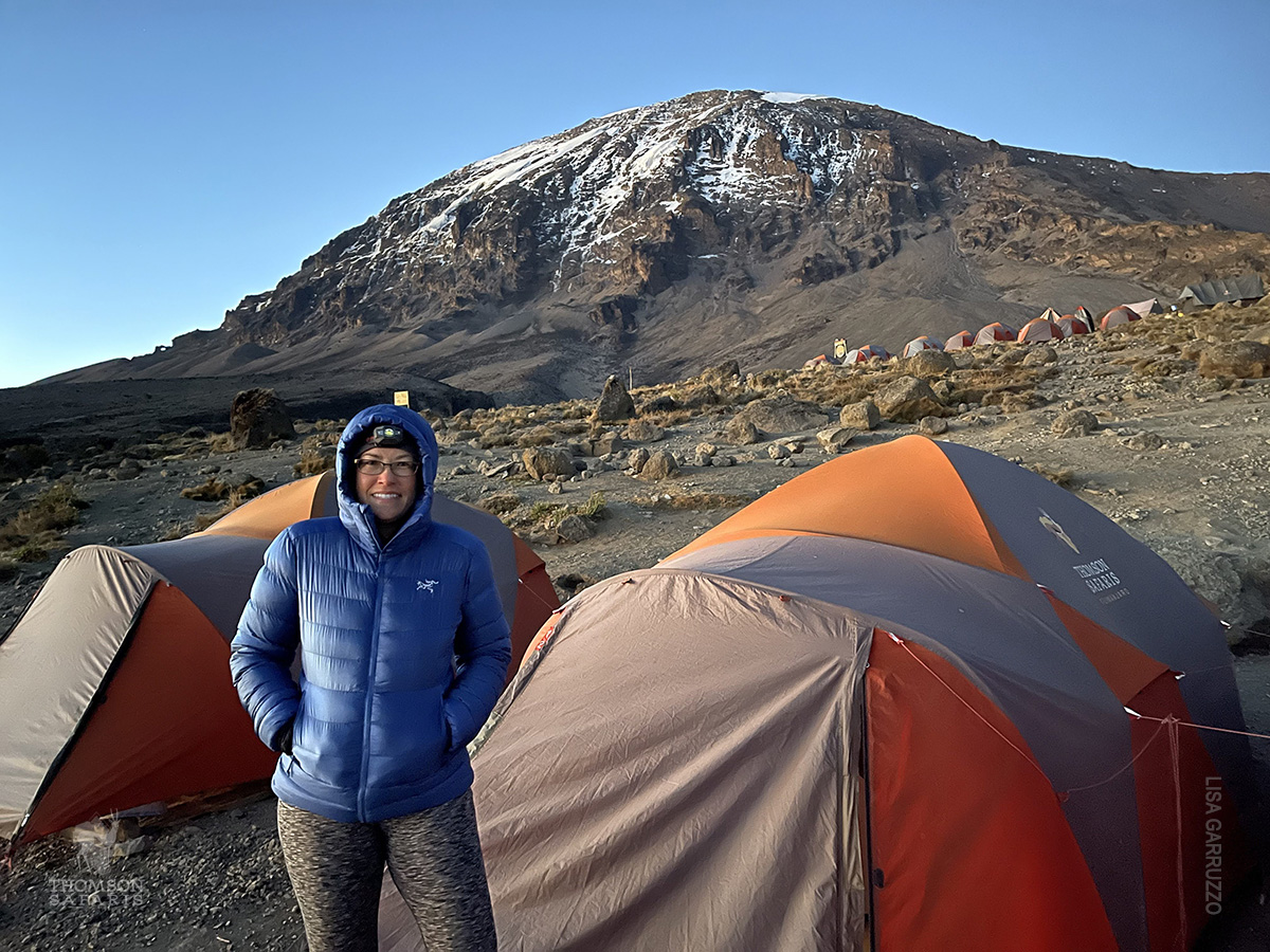 lisa at karanga camp with kibo in the distance