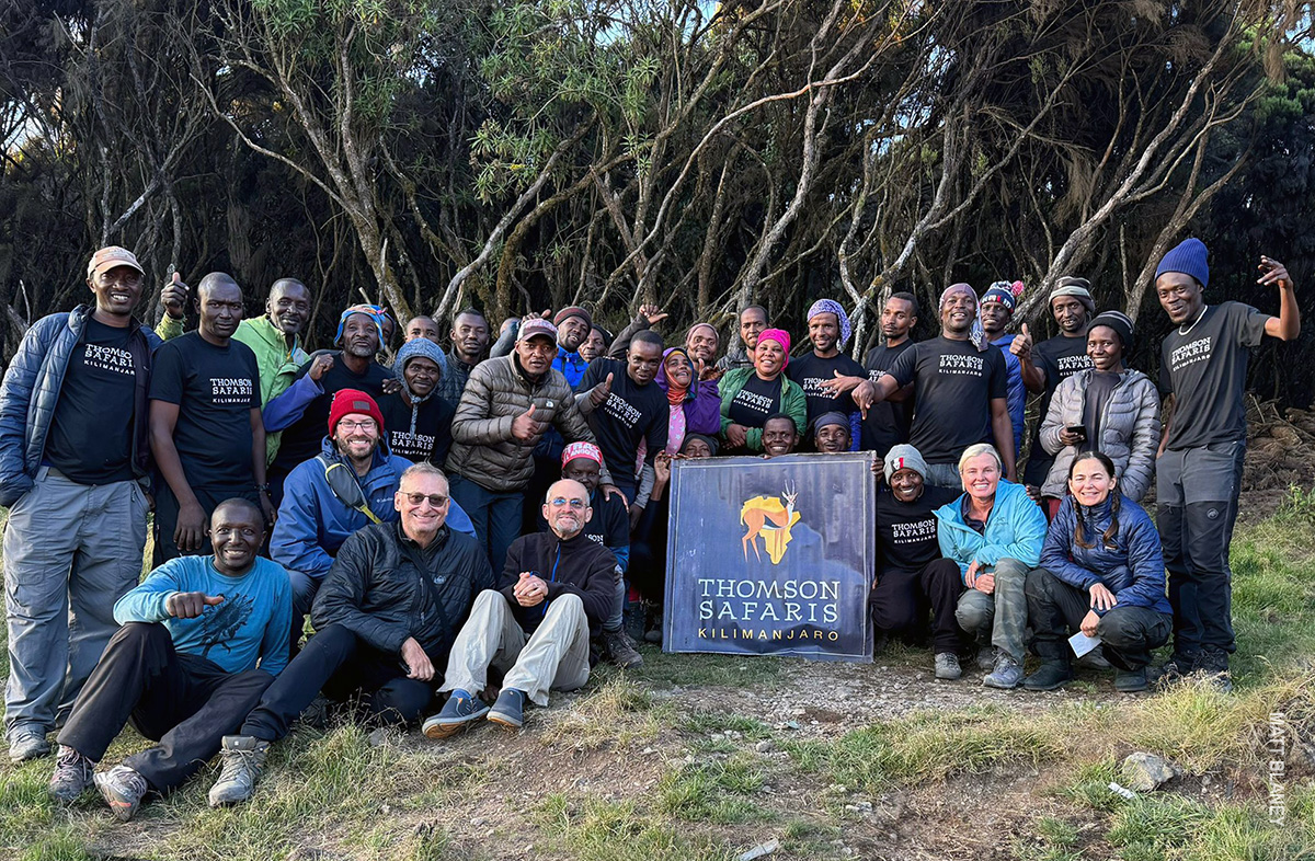 thomson kilimanjaro staff with trekkers at mweka camp