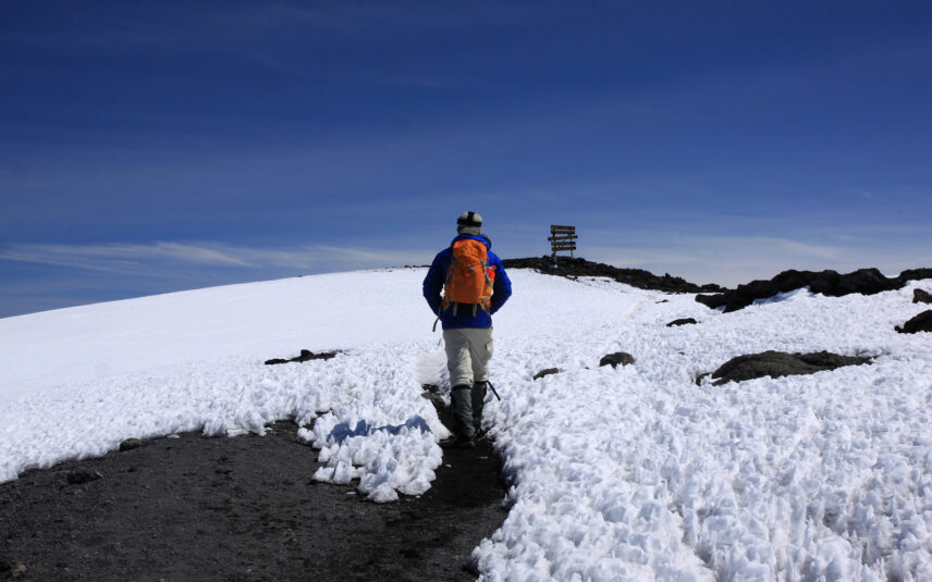 kilimanjaro trekker with summit sign in background