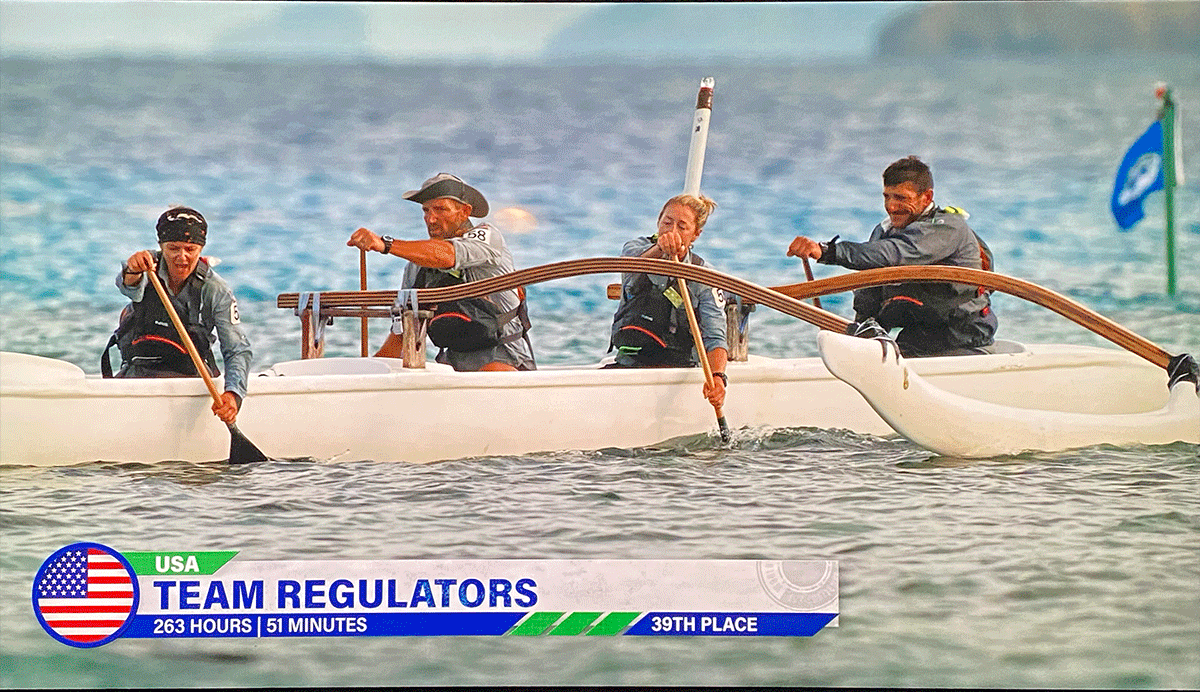 Heather and her team rowing a boat on TV