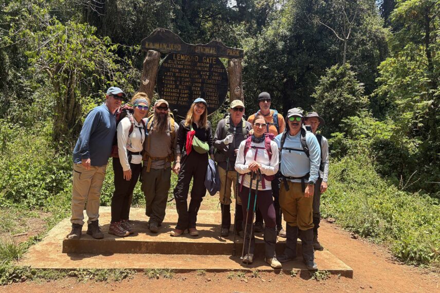 fiona with her thomson treks group at the gate of the western approach route