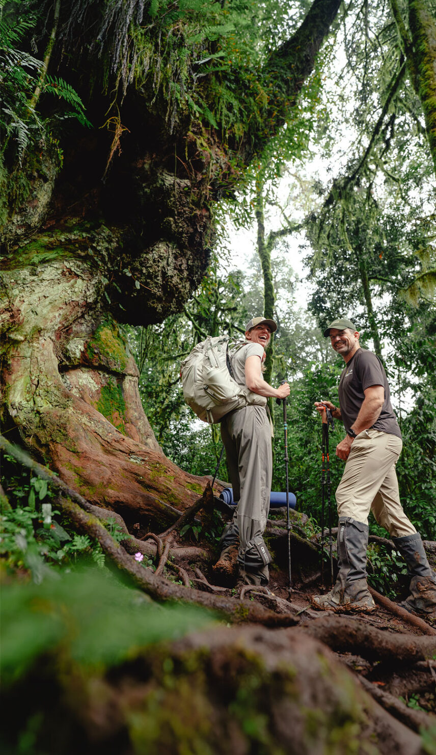 two people trekking through rain forest of mount kilimanjaro